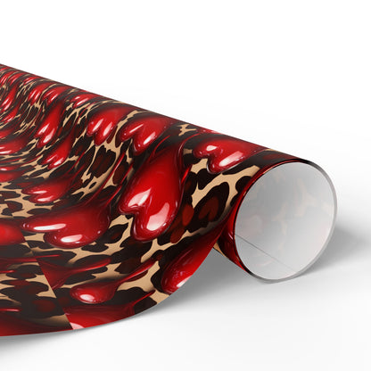 Bold Leopard Print Valentine's Wrapping Paper with Glossy Dripping Hearts