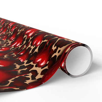 Bold Leopard Print Valentine's Wrapping Paper with Glossy Dripping Hearts