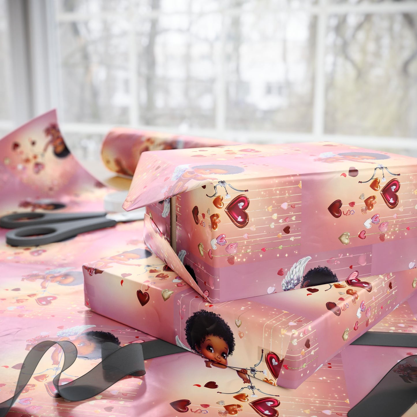 Adorable Black Cupid-Themed Valentine's Wrapping Paper Featuring Cherub Angel