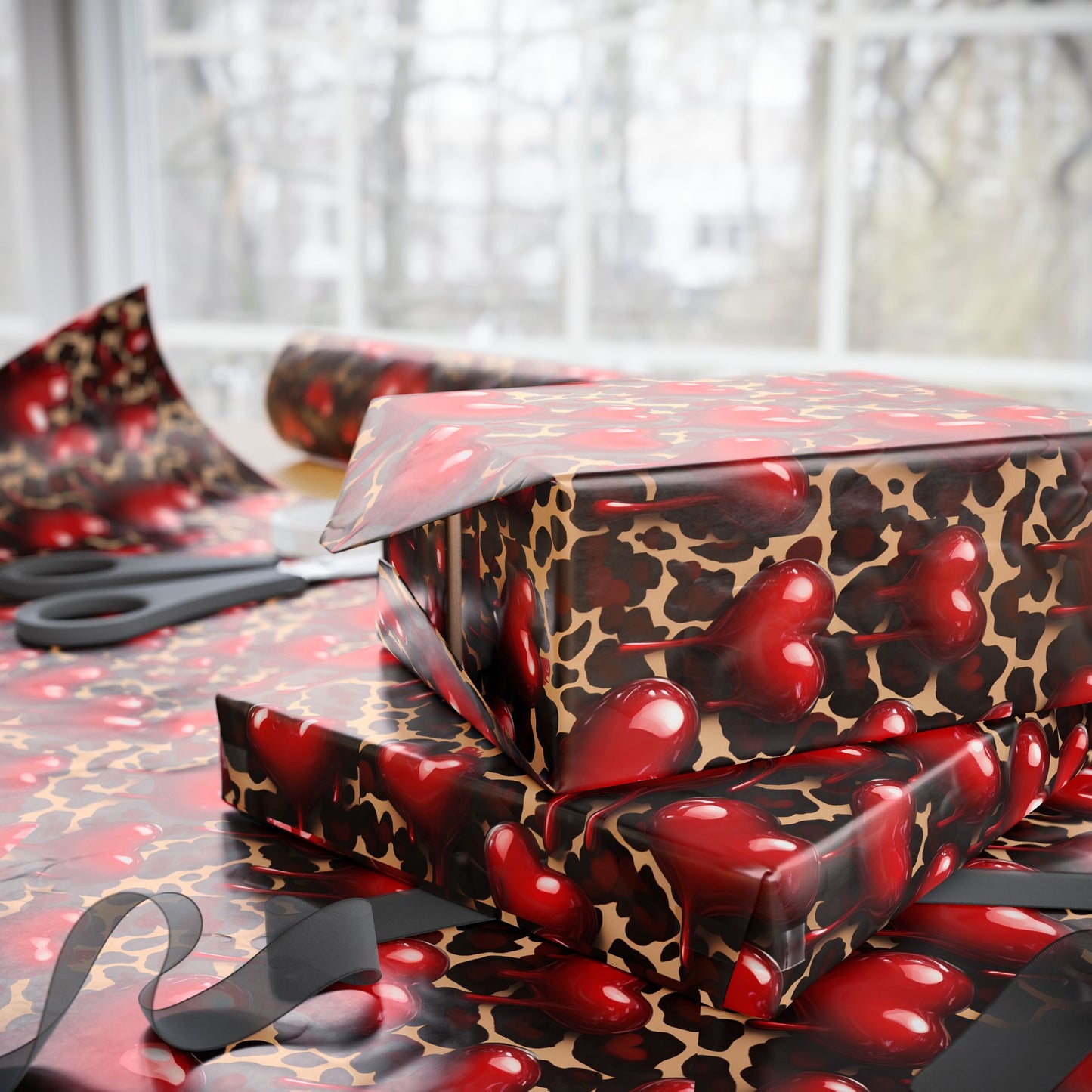 Bold Leopard Print Valentine's Wrapping Paper with Glossy Dripping Hearts