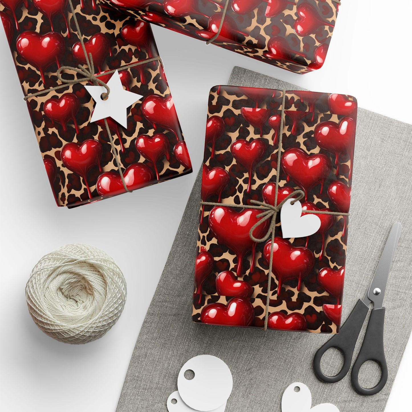 Bold Leopard Print Valentine's Wrapping Paper with Glossy Dripping Hearts